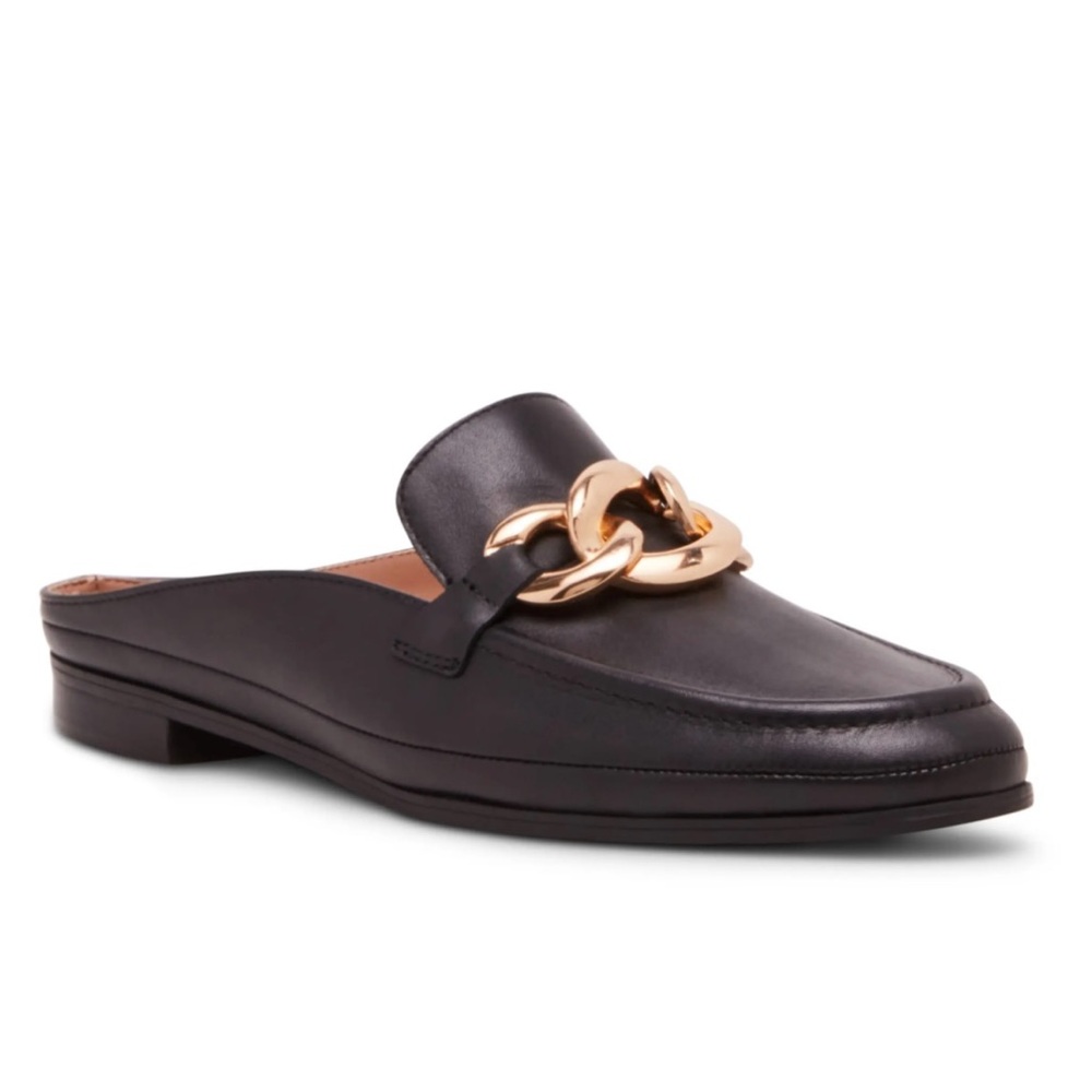 Blondo Brylee - Leather Slip On Loafers Mules - Black with Gold Chain - Size: 7